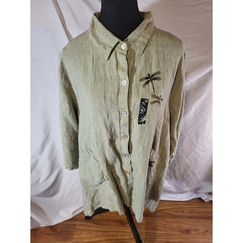 Odile Hand-Painted Linen Button-Up tunic Shirt Dragonfly Green XL art to wear